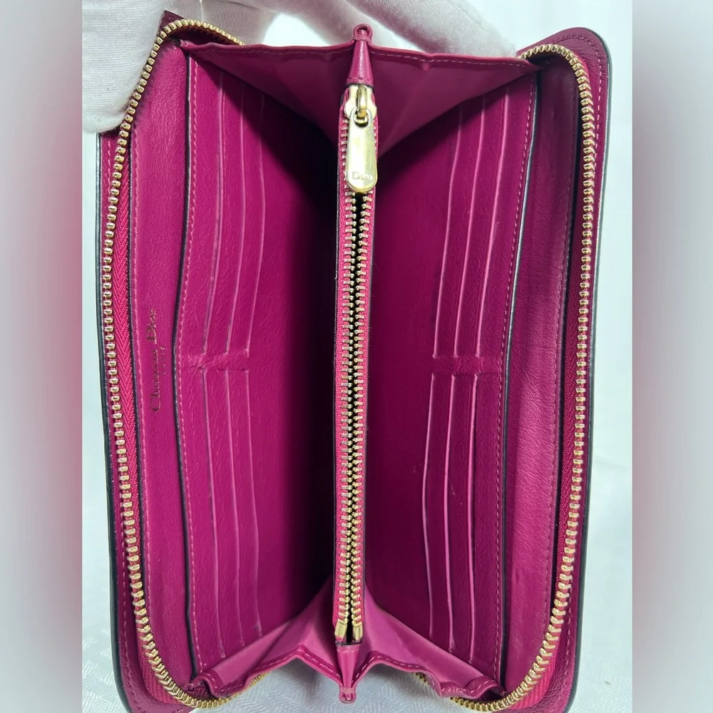 1009: Christian Dior Diorissimo Leather Zip Continental Wallet Black Fuchsia